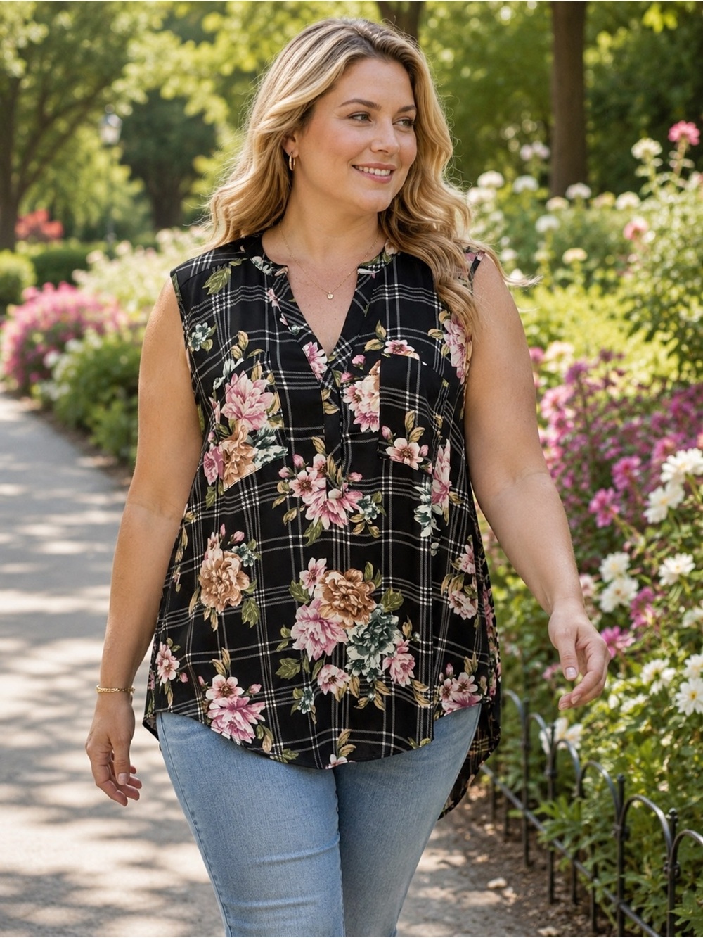 TORRID Sleeveless Black Floral Plaid VNeck Women's Blouse